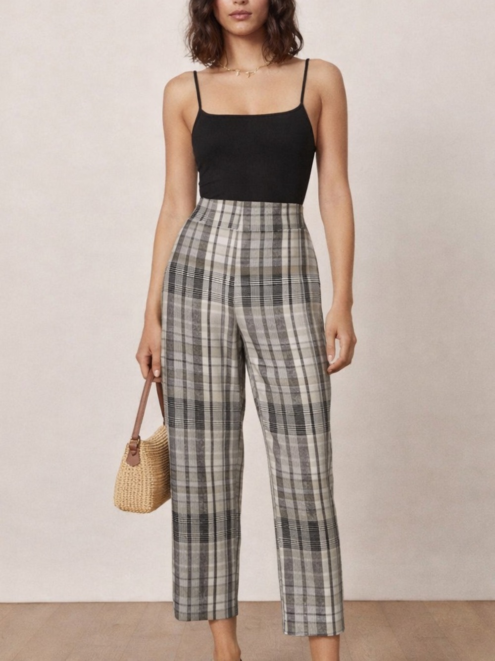 Reformation Linen Plaid Pants Size 2 High Rise Straight Leg Neutral Coastal